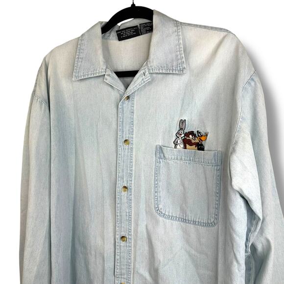 Vintage Looney Tunes Collection Light Wash Button Down Long Sleeve Denim Top - Picture 2 of 6
